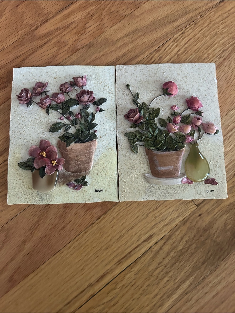 BLUM Pink Floral Pot Relief Wall Plaques - Set of 2